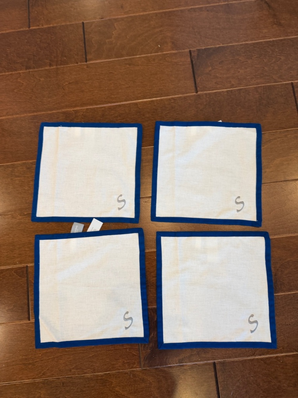 Set of 4 White Cocktail Napkins with Blue Border monogrammed s